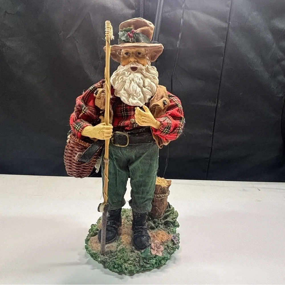 Santa Fisherman Figurine Statue Fishin Pole-Fish-Creel Basket Vest Hat 12